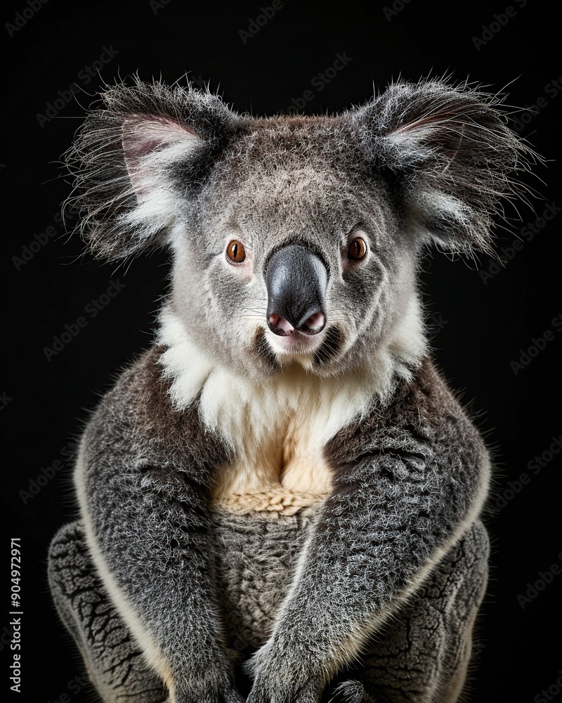 Naklejka premium Portrait of a cute koala, isolated on black background.