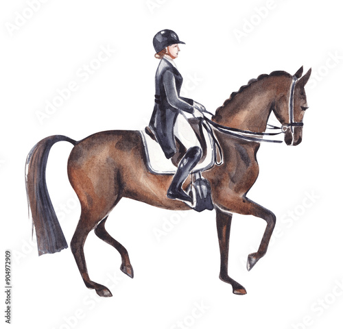 The girl is a horsewoman, equestrian. Sports, competition, hand-drawn watercolor illustration.