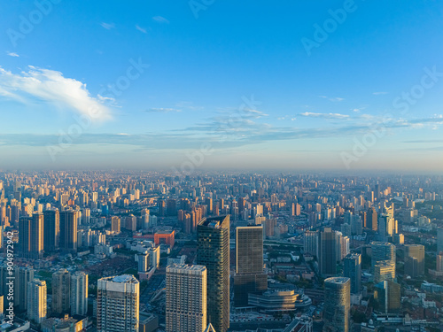 Aerial view of shanghai skyline and huangpu river at sunrise