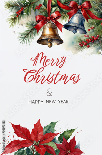 Merry Christmas and Happy New Year greeting card. Watercolor illustration on transparent background.