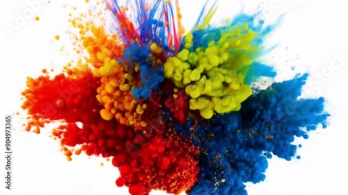Red, yellow, green and blue powder on white background in super slow motion