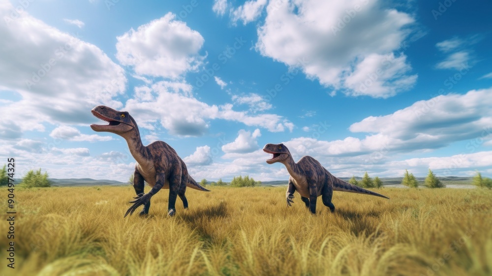 Two Dinosaurs Walking in a Grassy Field Under a Blue Sky Two Dinosaurs Walking in a Grassy Field Under a Blue Sky