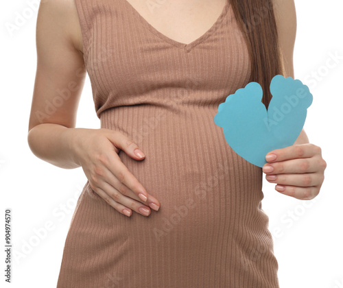 Wallpaper Mural Expecting twins. Pregnant woman holding two paper cutouts of feet on white background, closeup Torontodigital.ca