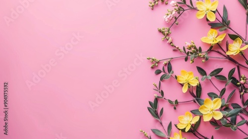 Floral banner on pink backdrop spring theme with space for text