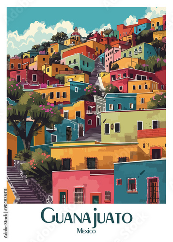 Guanajuato Mexico Poster Illustration Travel Print Decor Gift Paper Canvas Wall Retro Art #904976311