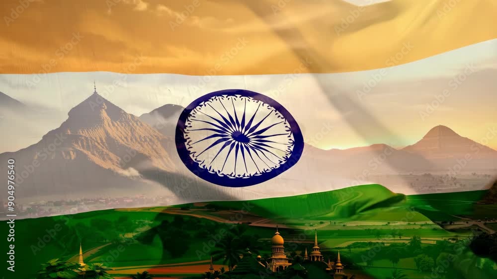 India flag waving in the wind against hills landscape. Patriotism and national pride concept. Government and politics. Cultural heritage. India Independence Day