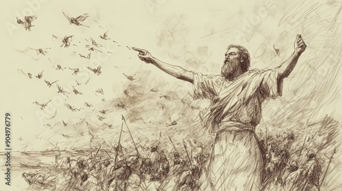 Moses Summoning Locusts with Staff Over Egypt, Swarm Covering Land - Biblical Illustration, Bible Wall Art, Beige Background - Exodus Plagues of Locusts and Darkness