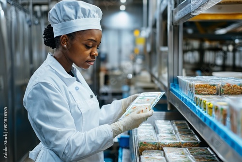 A Food Factory Worker Inspecting Prepackaged Meals photo