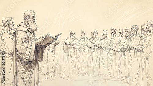 Moses Reading Covenant to Israelites, People Agreeing to Follow God's Commandments - Biblical Illustration, Bible Wall Art, Beige Background - Exodus The Israelites at Mount Sinai