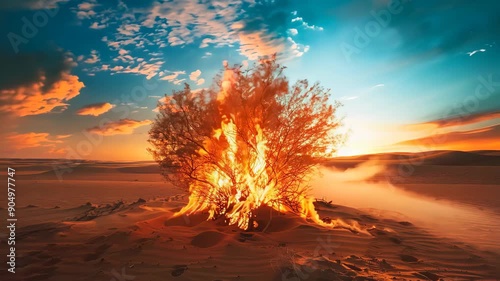 Burning Bush in Desert at Sunset, Religious Symbolism, Dramatic Landscape