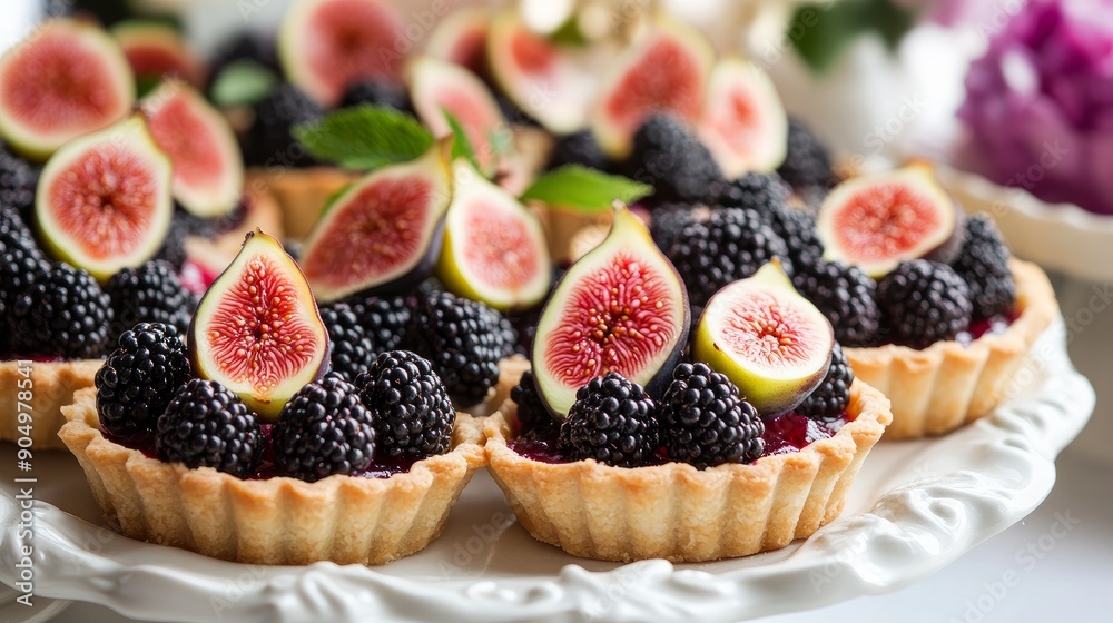 A sophisticated dessert platter with an assortment of berry and fruit tarts. Gently baked pastries with figs and fresh, ripe blackberries as decorations. A delicious treat that works for any event A sophisticated dessert platter with an assortment of berry and fruit tarts. Gently baked pastries with figs and fresh, ripe blackberries as decorations. A delicious treat that works for any event