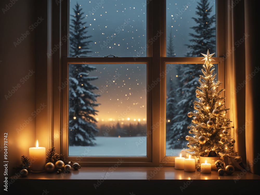 christmas decoration tree at the night window