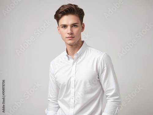 young man portrait bright white studio background