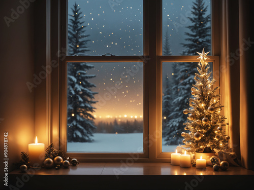 Obraz na płótnie christmas decoration tree at the night window w salonie