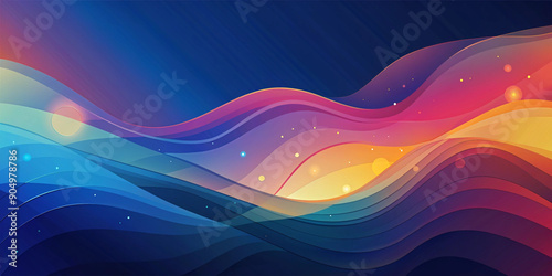 A vibrant abstract background featuring flowing waves and spherical shapes in shades of red, orange, blue, and purple, creating a dynamic and colorful design