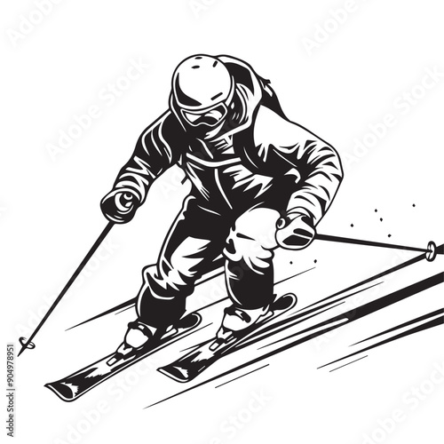 Skiing in cartoon, doodle style . Image for t-shirt, web, mobile apps and ui. Isolated 2d vector illustration in logo, icon, sketch style, Eps 10, black and white. AI Generative