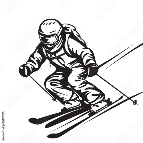 Skiing in cartoon, doodle style . Image for t-shirt, web, mobile apps and ui. Isolated 2d vector illustration in logo, icon, sketch style, Eps 10, black and white. AI Generative