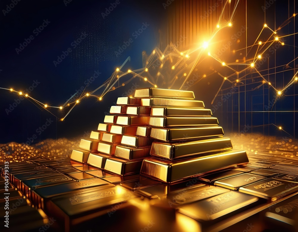 Gold Bars and Coins with Financial Charts: Stock Market and Cryptocurrency Trading