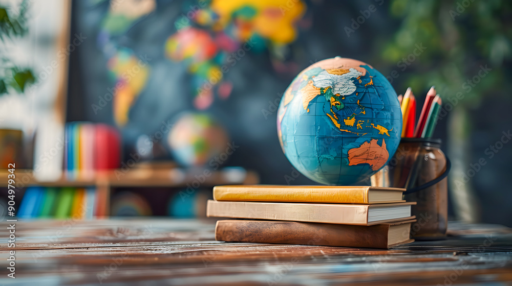 Back to school concept with globe, books and stationery on dark background, Composite image of school supplies on a desk Back to school concept with globe, books and stationery on dark background, Composite image of school supplies on a desk