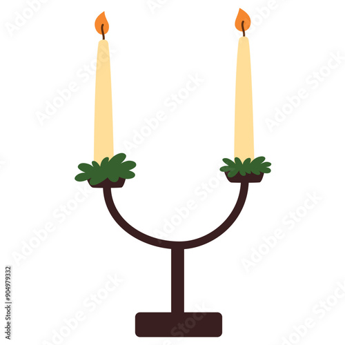 Tall wax pillar candles in candlestick, holder. Candlelight fire flames in double candleholder for two cylinder tapers. Cozy home decoration. Flat vector illustration isolated on white background