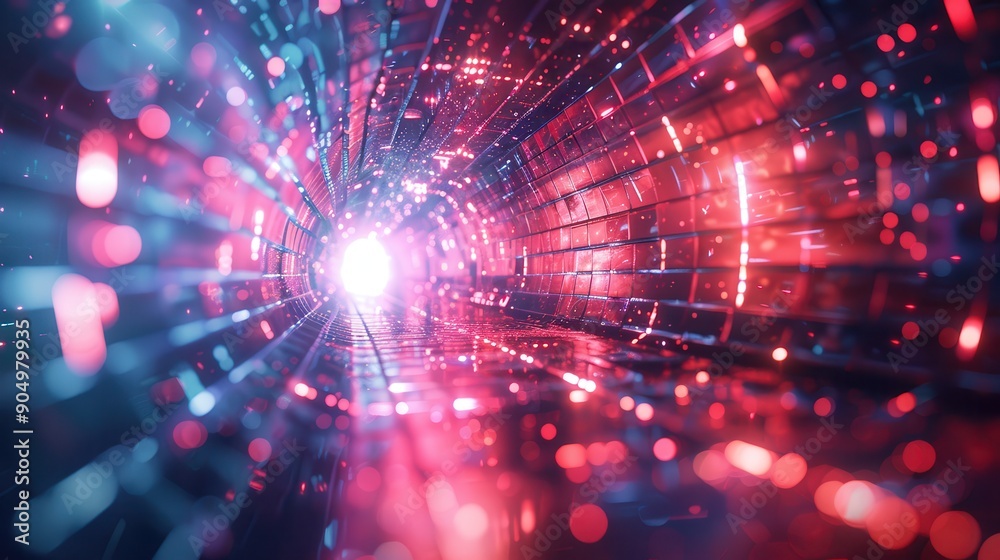 Futuristic Digital Tunnel with Glowing Lights and Abstract Geometric Patterns in Red and Blue Futuristic Digital Tunnel with Glowing Lights and Abstract Geometric Patterns in Red and Blue