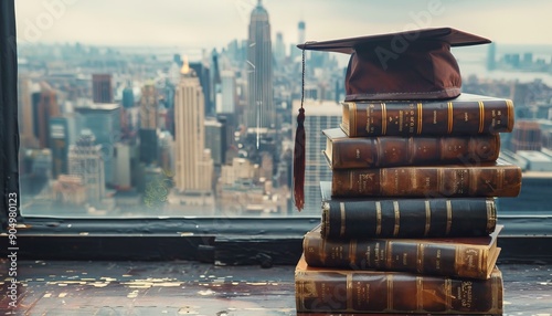 Vintage leather books and graduation cap on city window sill with urban backdrop
