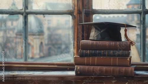 Vintage leather books with graduation cap on urban window sill overlooking cityscape