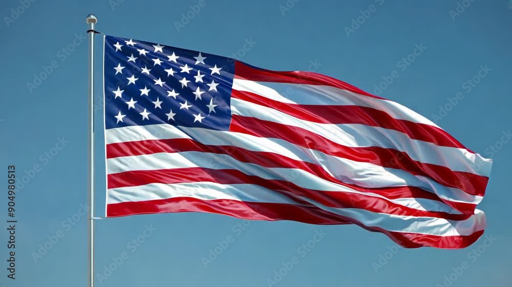 U.S flag waving in the wind against blue sky background. Patriotism and american pride concept. USA Government and politics. Cultural heritage. 2024 United States presidential election