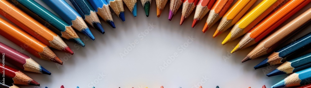 Fototapeta premium Assorted pencils, workbooks, and deals laid out in a symmetrical pattern, [Study Gear], [Symmetry in Learning Tools]