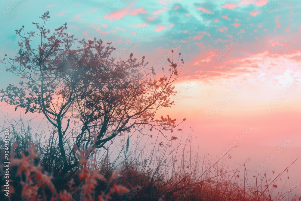Obraz premium Vivid dawn colors in picturesque hilltop landscape with fog, trees, and bright sky