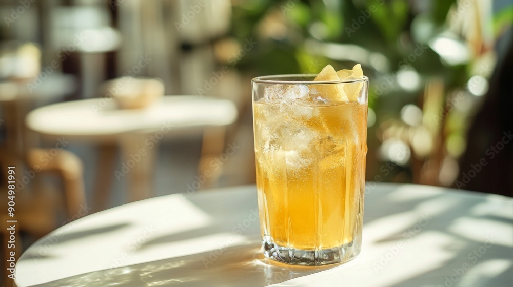A chilled glass of honey lemon juice with condensation, on a white table with a minimalistic setting. A chilled glass of honey lemon juice with condensation, on a white table with a minimalistic setting.