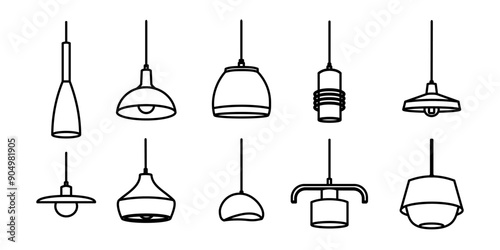 A set of different expensive stylish chandelier lights. Simple design lines in black and white.  Illustration of a modern chandelier holder
