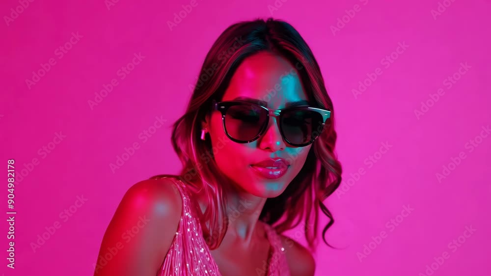 Neon Fashion: Confident Woman with Trendy Sunglasses Neon Fashion: Confident Woman with Trendy Sunglasses