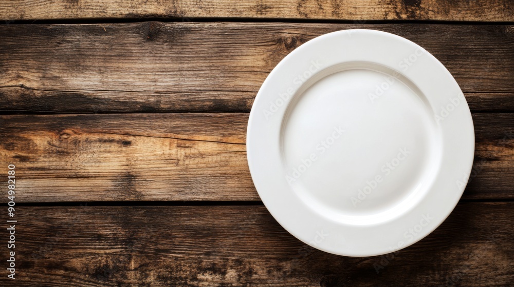 A clean white plate on a rustic wooden table, leaving ample copy space for text. A clean white plate on a rustic wooden table, leaving ample copy space for text.