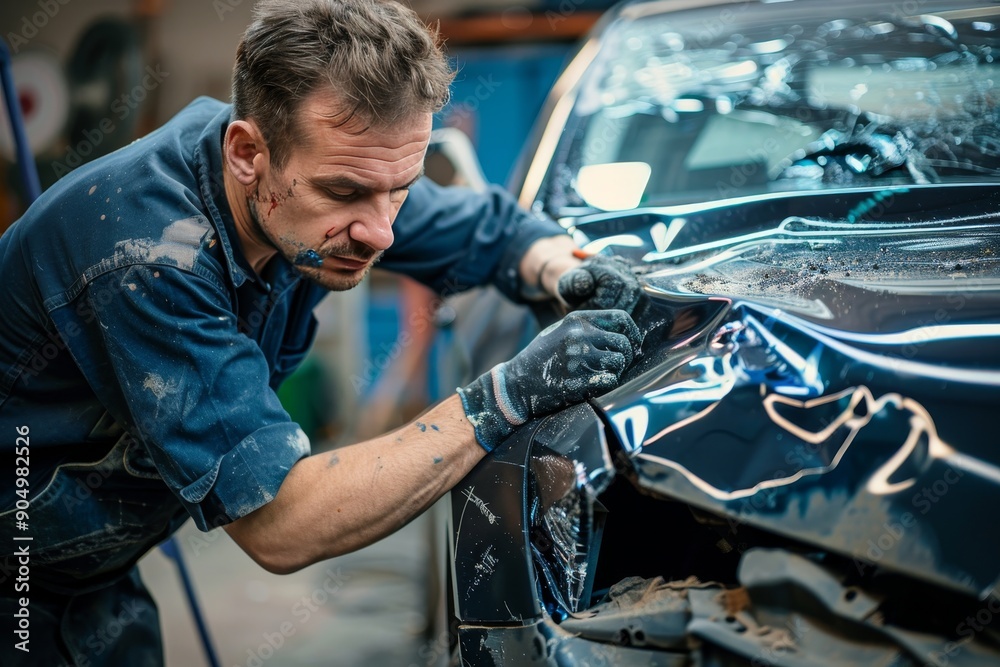 Skilled car accident repair precision work to restore body structure and safety with dent spotting Skilled car accident repair precision work to restore body structure and safety with dent spotting