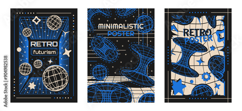 Set of retro-futuristic posters with abstract shapes and 3D wireframes in y2k style. Vector template for banner, post, cover
