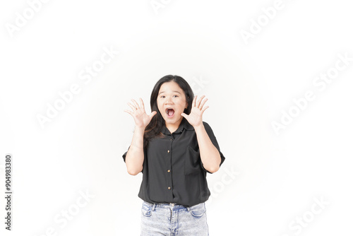 Young Asian woman Shocked Face Expression wearing Black t-shirt and jeans isolated on white background