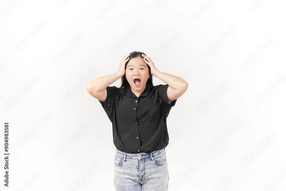 Young Asian woman Shocked Face Expression wearing Black t-shirt and jeans isolated on white background Young Asian woman Shocked Face Expression wearing Black t-shirt and jeans isolated on white background
