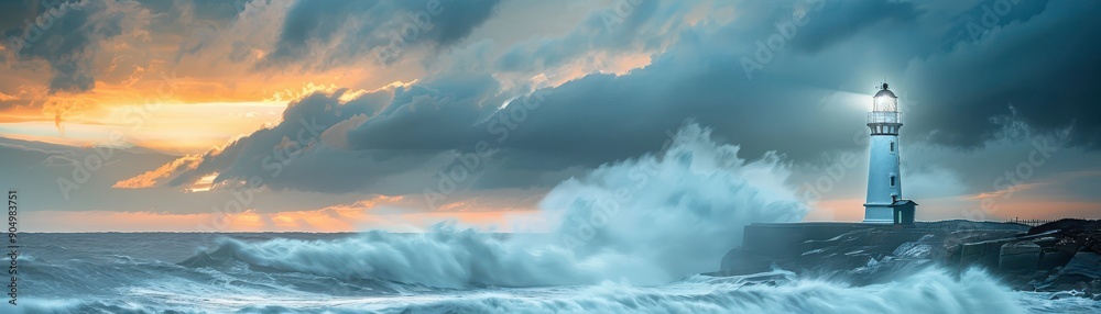 Obraz premium Dramatic Lighthouse on Rocky Coastline During Stormy Sunset with Crashing Waves and Dark Clouds