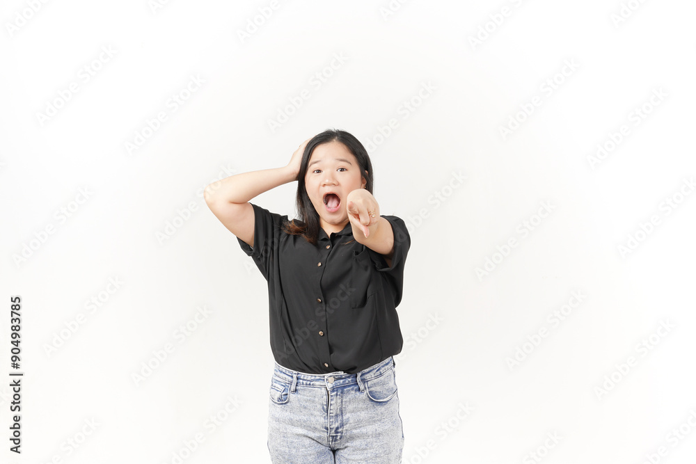 Young Asian woman Shocked Face Expression pointing at camera wearing Black t-shirt and jeans isolated on white background Young Asian woman Shocked Face Expression pointing at camera wearing Black t-shirt and jeans isolated on white background