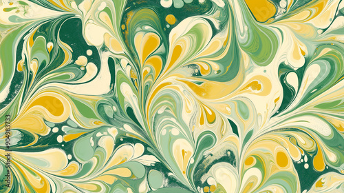 A vibrant and intricate marbled pattern, reminiscent of fluid art. It features swirling patterns of green, yellow, and white, creating an illusion of depth and movement