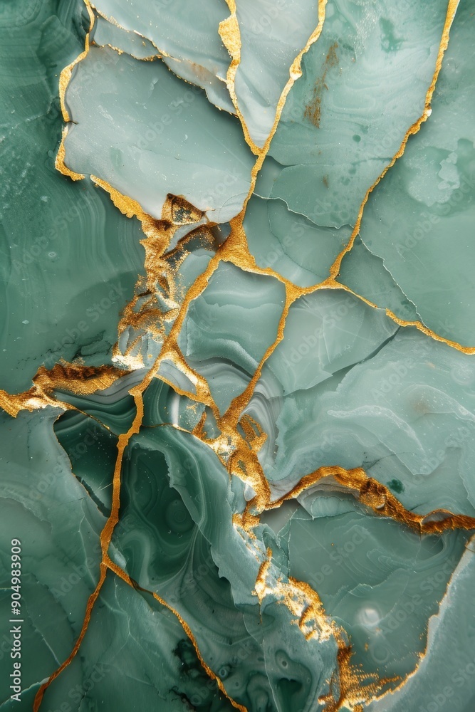 A detailed view of a green and gold marble, showcasing intricate swirls and patterns
