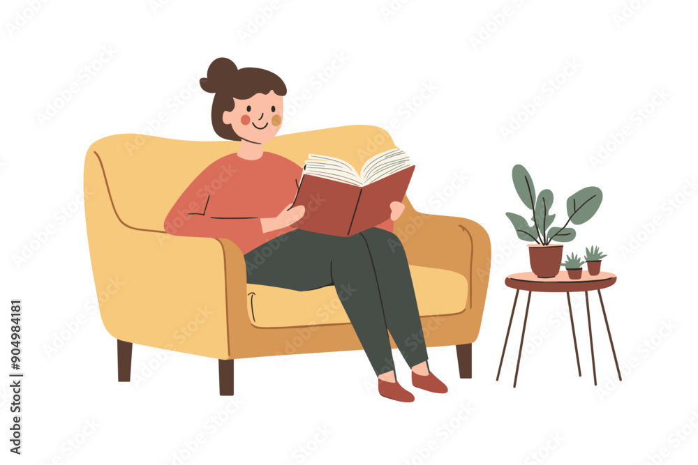 Young woman reading a book with enjoyment and great interest. Cartoon female booklover character behind a book vector illustration. Education, self development concept Young woman reading a book with enjoyment and great interest. Cartoon female booklover character behind a book vector illustration. Education, self development concept