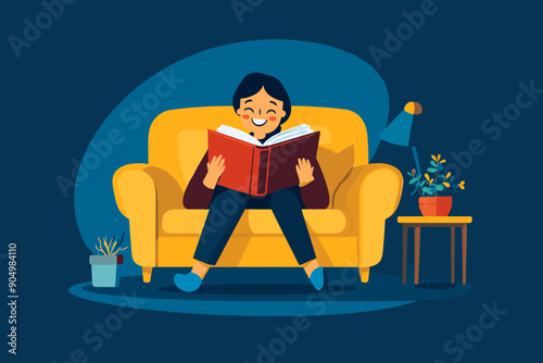 Young woman reading a book with enjoyment and great interest. Cartoon female booklover character behind a book vector illustration. Education, self development concept