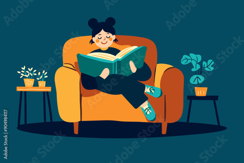 Young woman reading a book with enjoyment and great interest. Cartoon female booklover character behind a book vector illustration. Education, self development concept