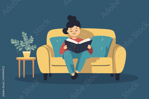 Young woman reading a book with enjoyment and great interest. Cartoon female booklover character behind a book vector illustration. Education, self development concept