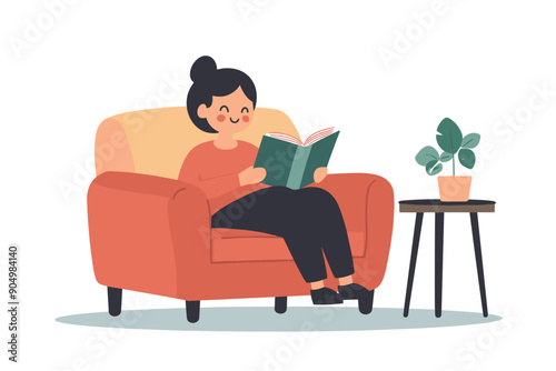 Young woman reading a book with enjoyment and great interest. Cartoon female booklover character behind a book vector illustration. Education, self development concept