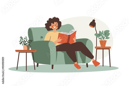 Young woman reading a book with enjoyment and great interest. Cartoon female booklover character behind a book vector illustration. Education, self development concept