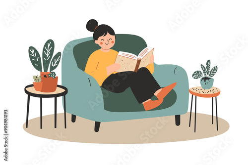 Young woman reading a book with enjoyment and great interest. Cartoon female booklover character behind a book vector illustration. Education, self development concept