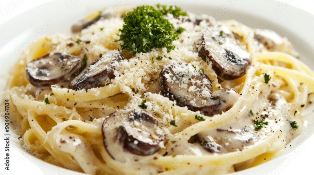 A decadent pasta dish with truffle mushrooms, cream sauce, and grated cheese, isolated on white. A decadent pasta dish with truffle mushrooms, cream sauce, and grated cheese, isolated on white.